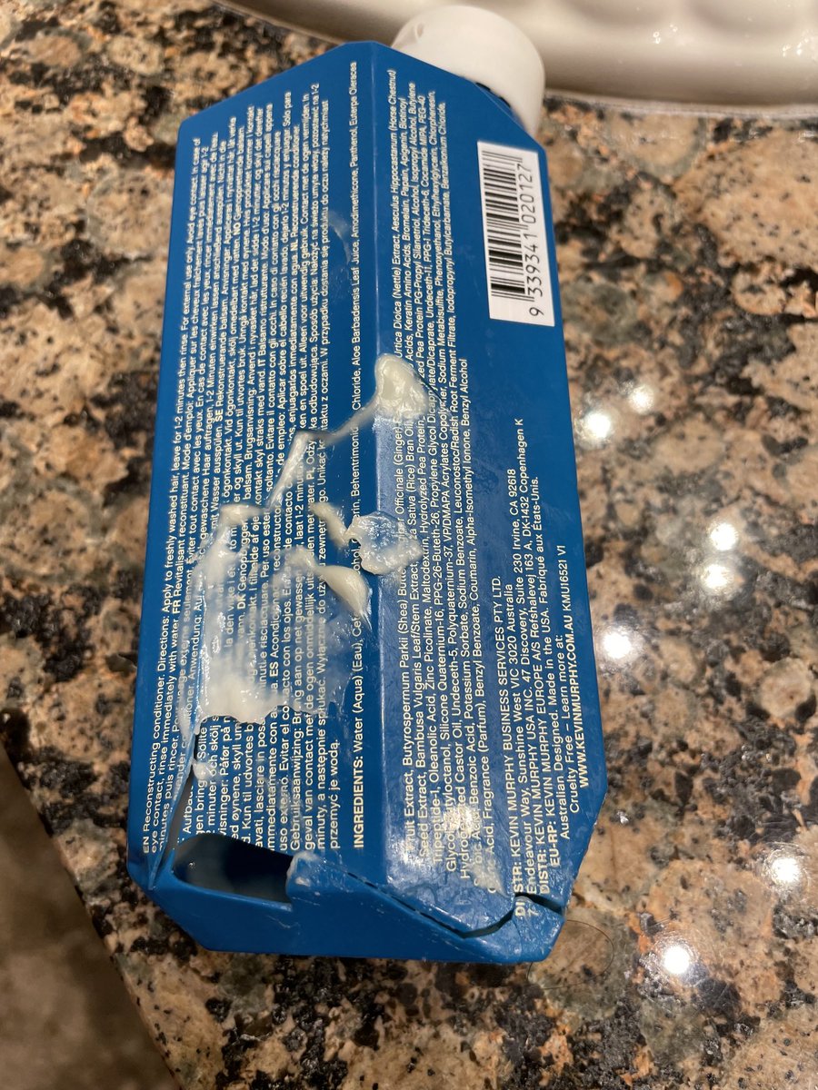 JoyTHood's tweet photo. Sad results of dropping my brand new ⁦@KevinMurphyIntl⁩ rinse in the shower.😢Great products but the packaging not so great. The mini bottles are cute too, but getting the product out of those is impossible! https://t.co/kzvMPPycSt