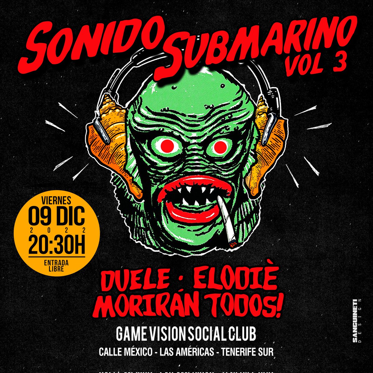 Sonido Submarino Vol 3! Última gran fiesta del año del under. Viernes 9 dic / 20:30 hs
En directo Elodiè, Duele y MT!
Game Vision Social Club
Calle México, Playa de Las Américas Tenerife Sur
Entrada libre ❤️🎸⚡🤘💥😘