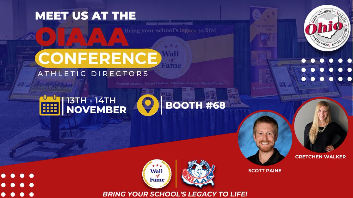 📍We are in Columbus, OH at the <a href="/ohioiaaa/">OIAAA</a> Conference Today &amp; Tomorrow! Stop by our booth to say Hi 👋 to Gretchen &amp; Scott and learn why you should bring your School’s #LegacytoLife with us! Hope to see you soon!  <a href="/NIAAA9100/">NIAAA</a> 

🎭🎨🎺🎻🏈⚽📜📚🏆➡💻➡ #WallofFame