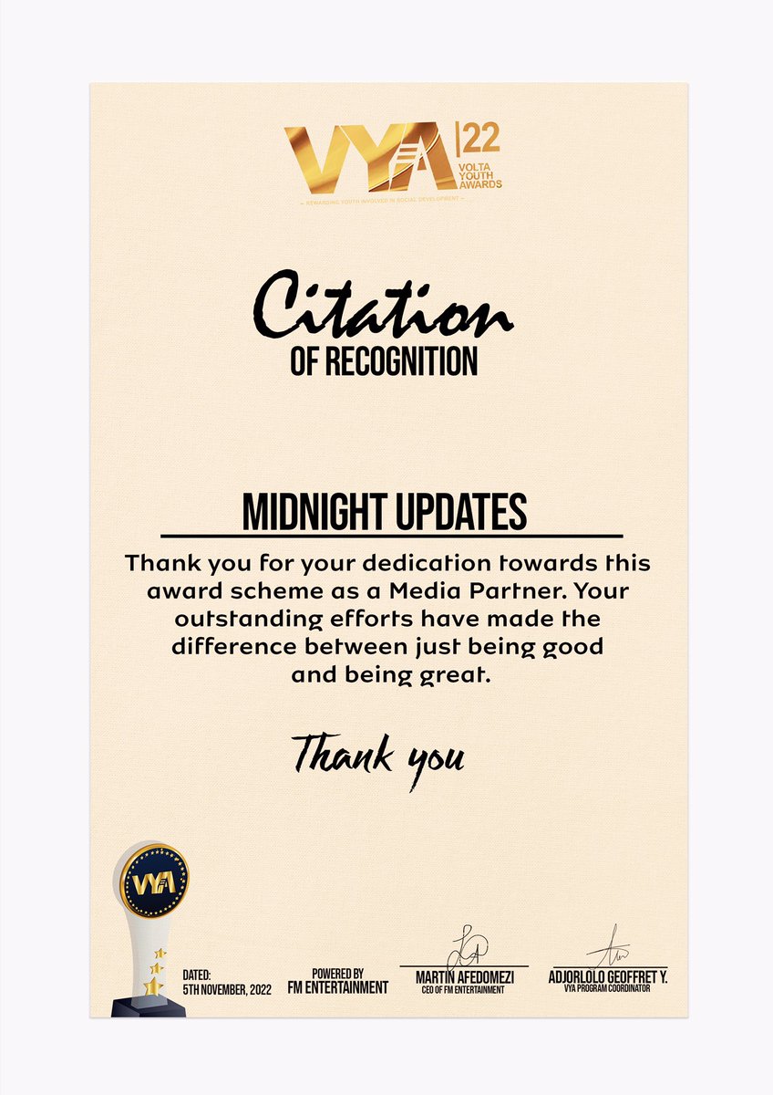 midnytupdates's tweet photo. Thank You @voltayouthaward for the citation of recognition
@midnytupdates is grateful
#VYA22 #MidnytUpdates https://t.co/PG7qMys0Fa