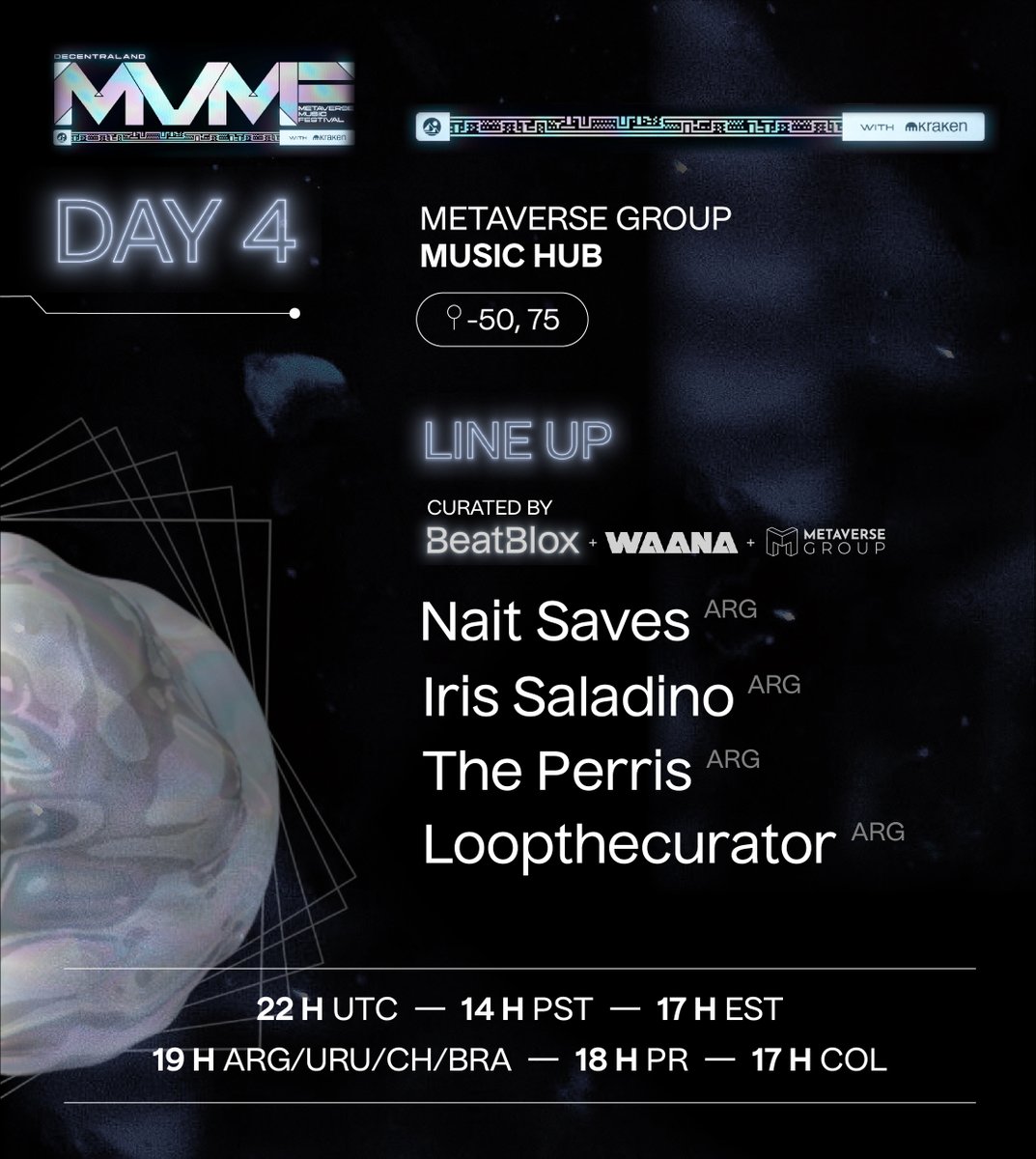 Last day of the #DCLMVMF22.
Thanks so much for this amazing experience <a href="/decentraland/">Decentraland</a>!

📍 Metaverse Group Music Hub
📍 play.decentraland.org/?position=-50%…

⌚️ UTC: 22:00 //  PST: 14:00 // EST: 17:00
▫️ ARG/URU/CHI/BRA: 19:00
▫️ Puerto Rico: 18:00
▫️ Colombia: 17:00