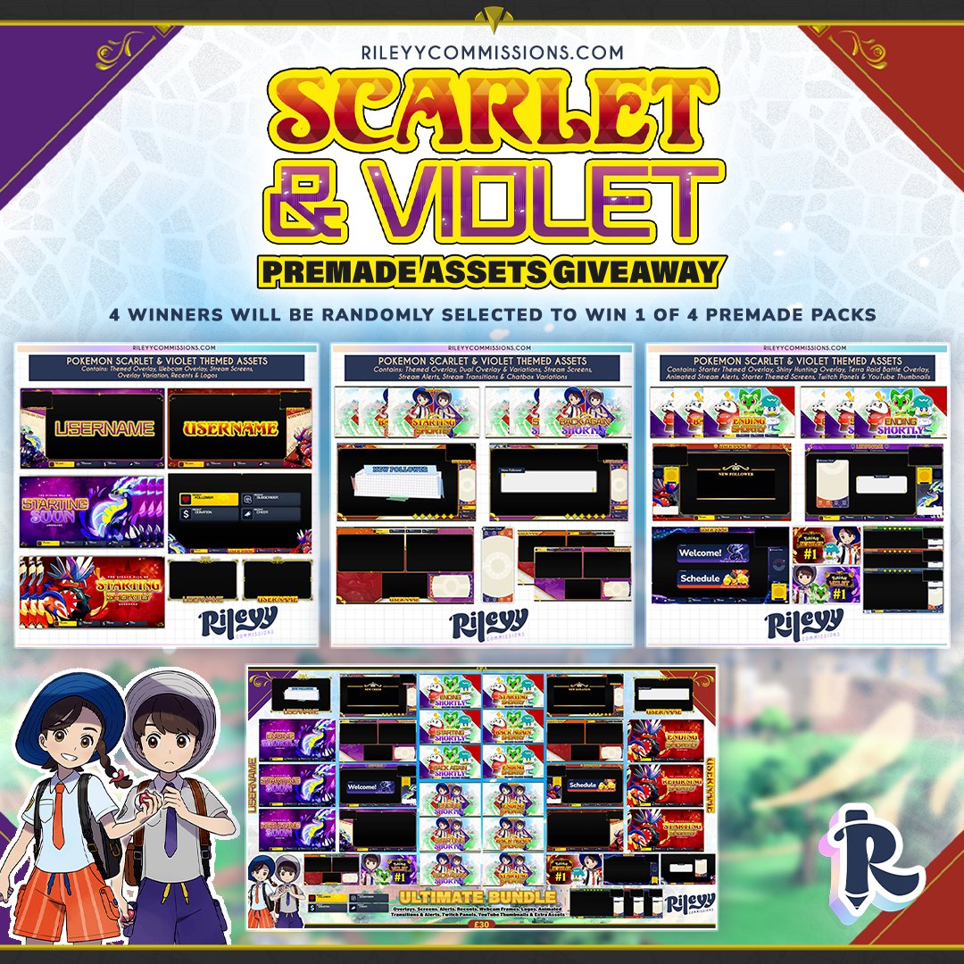 RChapple18's tweet photo. 🌟 To celebrate PKMN Scarlet &amp; Violet releasing this week, I'm doing a small giveaway of my premade streaming assets! 

⚠️One pack will be randomly allocated per winner ~

TO ENTER:
- Follow @RChapple18☑️ (Optional)
- Retweet ♻️+ Like❤️

Announcing 4 giveaway Winners on Nov 17th! https://t.co/LfTWnnojap