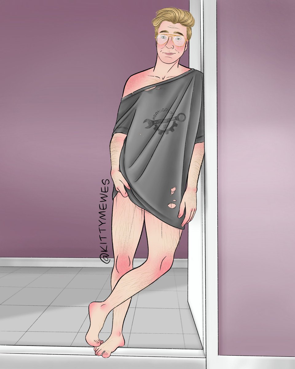 A digital drawing of modern AU Stede leaning against a doorway wearing nothing but a ratty worn oversized tee shirt and gold rimmed glasses. The tee reads "Hornigold's Auto Repair" and hangs off of one shoulder. One hand worries at the hem hiking it up higher showing even more leg. His face, shoulders, arms, hands, and knees are freckled. His arm, chest, and leg hair is golden. 