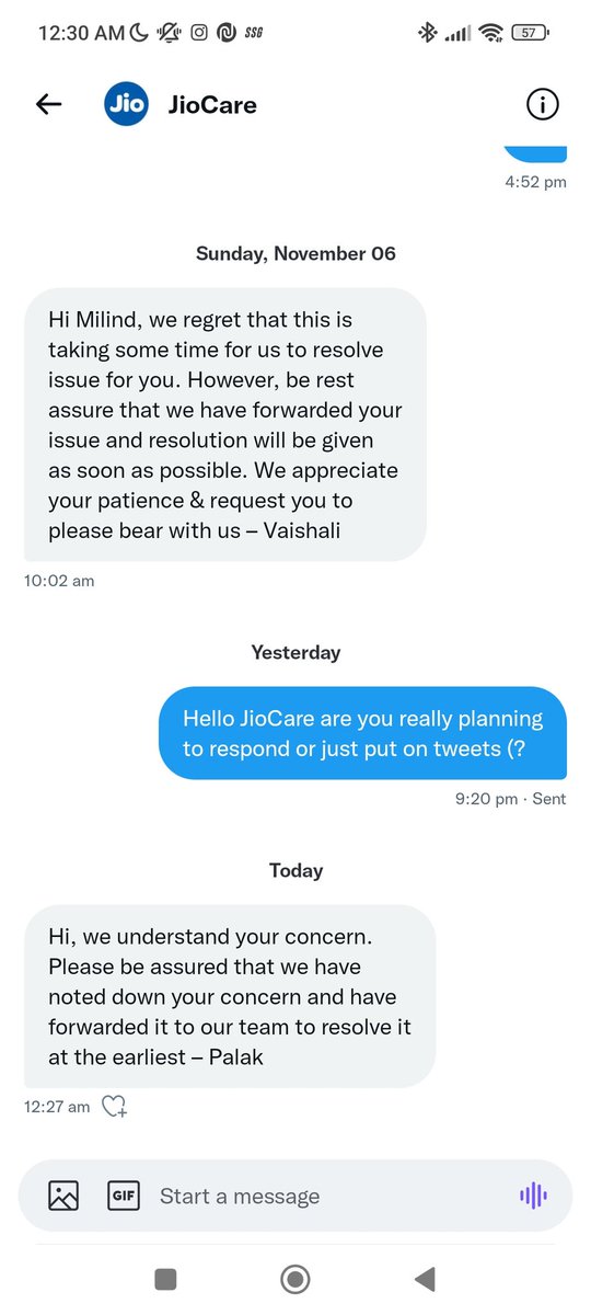 milind_dholakia's tweet photo. From Today onwards I'll start tagging @JioCare  daily and send the screenshot of the chat. 
Already over a month and getting same replies of being rest assured.
Check dates in both the screenshots 
Oct 08 when it all started. 
Then till yesterday it's the same .
#JioFiber#jiocare https://t.co/Er2xqR5um7