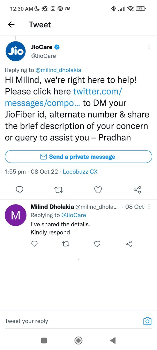 milind_dholakia's tweet photo. From Today onwards I'll start tagging @JioCare  daily and send the screenshot of the chat. 
Already over a month and getting same replies of being rest assured.
Check dates in both the screenshots 
Oct 08 when it all started. 
Then till yesterday it's the same .
#JioFiber#jiocare https://t.co/Er2xqR5um7