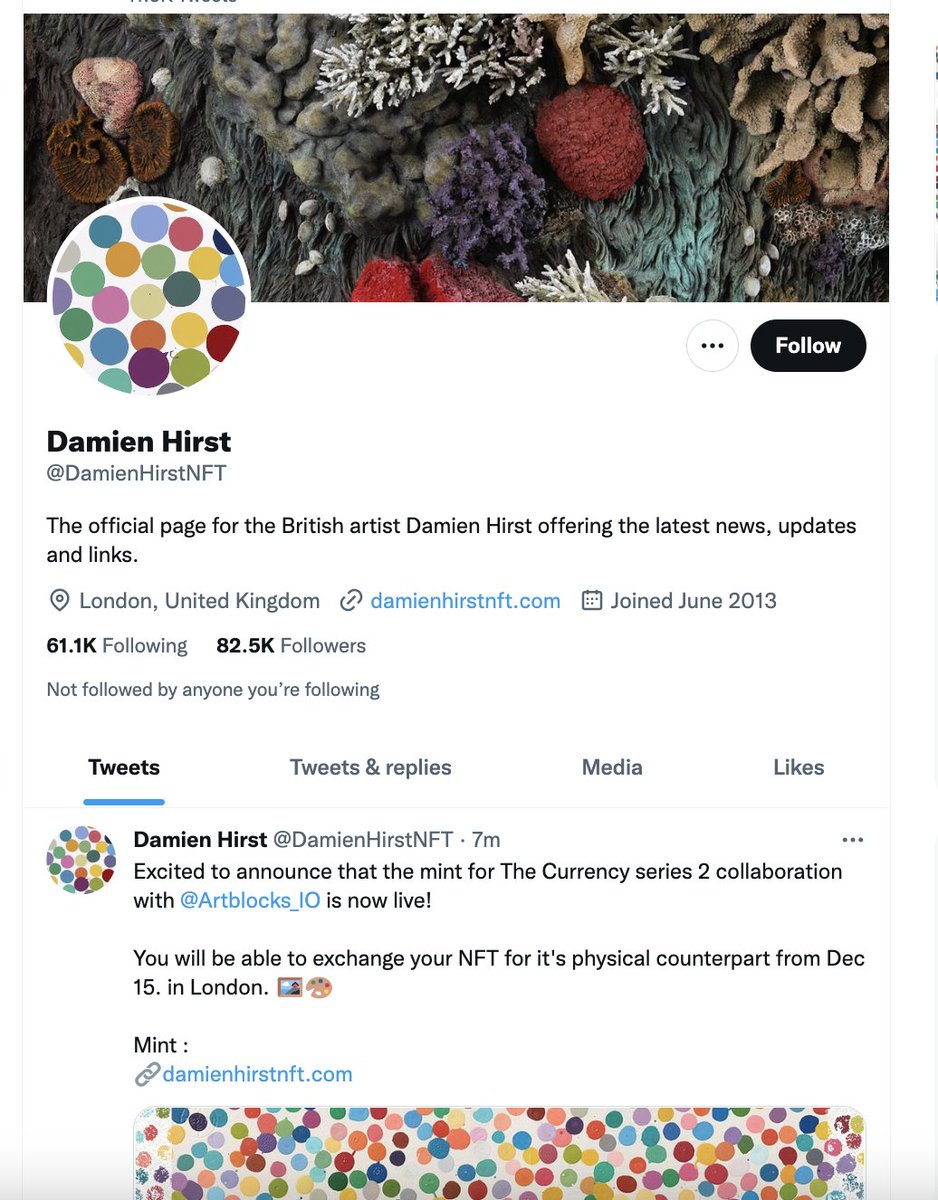 ⚠️WARNING ⚠️

There is a Twitter account that is impersonating <a href="/hirst_official/">Damien Hirst</a>, using the handle DamienHirstNFT.

Please be careful &amp; don't engage with the below account.