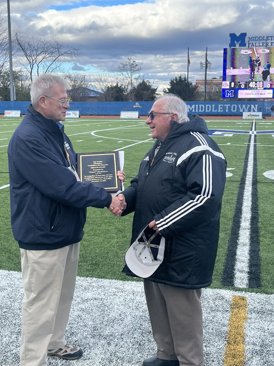 SectionIXSports's tweet image. @NYSPHSAA Boys Soccer committee presents our own Tony Martelli with the first annual Ted Woods Memorial Award for 40 years of service to boys soccer in NYS. Congratulations Tony!!!
