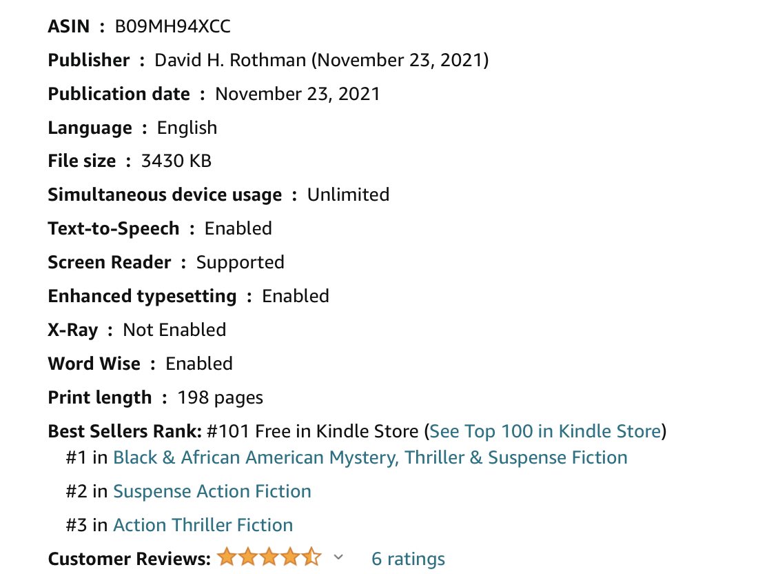 davidrothman's tweet photo. @CataclysmGames @TwBookClub Big thanks to @TwBookClub and others helping me. My Amazon numbers are great! #1 now in free Black mystery, thriller and suspense books, #2 in free suspense action fiction in general, and #3 in free action thrillers in general. https://t.co/tqvFxEcdv8