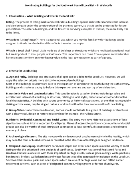 Do come along to our Local List "Drop In" workshop on Saturday 19th November - starts 12noon (to 3pm) - if there are buildings and places in Walworth that you would like Southwark Council to consider as part of their Local List consultation.

Details: 

walworthsociety.co.uk/2022/11/13/sou…
