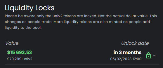 CronuERC's tweet image. The liquidity lock has been extended like promised previously! 

Not one, not two but for 3 months! The liquidity is locked until February of 2023! 

#CRONU #CRONOSINU #CRO #CRONOS