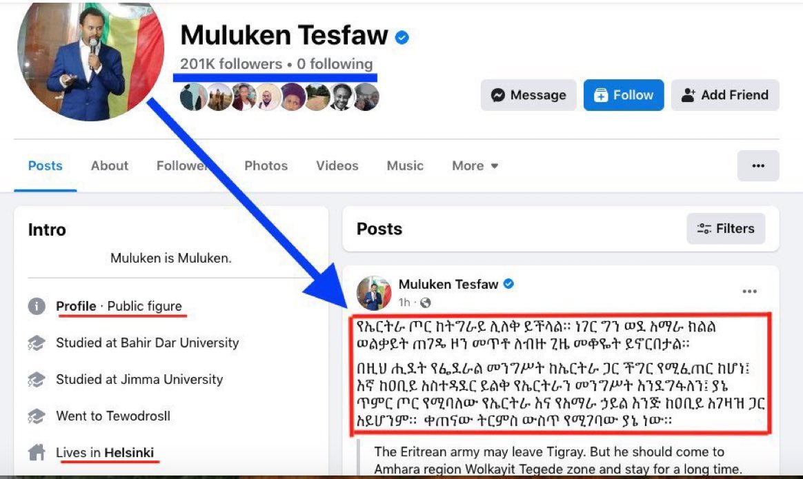 mulu96's tweet photo. @TesfawMuluken is among the prominent Amhara public figures.

After the 🇪🇷 army &amp; non-ENDF were told to leave #Tigray, he rushed to FB, with #201k followers, to express his desire that the Amharas should side with the 🇪🇷 army against the Ethiopian.
@_AfricanUnion @UN @mulu96 https://t.co/FXKbHHd0tE