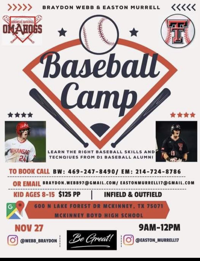 Future Eagles, opportunity here to get better learning from former Eagle and <a href="/TTU_Baseball/">Texas Tech Baseball</a>  star <a href="/EastonMurrell5/">Easton Murrell</a> Get signed up today!