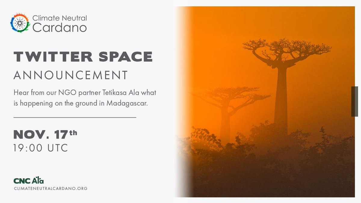 CNCardano's tweet image. Join us this week to meet the boots on the ground in #Madagascar as Elliot joins us from the @TetikasaAla NGO. He will explain the real-world permaculture work being supported by our #CNCAla #ISPO

Special Co-Hosts @LaPetiteADA, @Youradamoon &amp;amp; @nftseed 

#ImpactStaking @Cardano