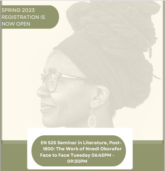 Marymount English (@mu_english) on Twitter photo Hi, <a href="/marymountu/">Marymount University</a>! This upcoming semester, we’ll be studying the work of contemporary Nigerian American author Nnedi Okorafor. Okorafor’s writing explores the futures we might aspire to as a species, and the pitfalls that await us on the road. Check it out and register now! Hi, <a href="/marymountu/">Marymount University</a>! This upcoming semester, we’ll be studying the work of contemporary Nigerian American author Nnedi Okorafor. Okorafor’s writing explores the futures we might aspire to as a species, and the pitfalls that await us on the road. Check it out and register now!