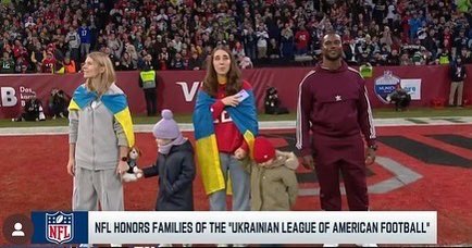 AFIReview's tweet photo. Special moment in Germany as the NFL honors Ukrainian soldiers and families effected by the Russian invasion, along with the Ukrainian football league. #NFL #ukrainewar #StandWithUkraine️ #ULAF https://t.co/quyOZo5s5T