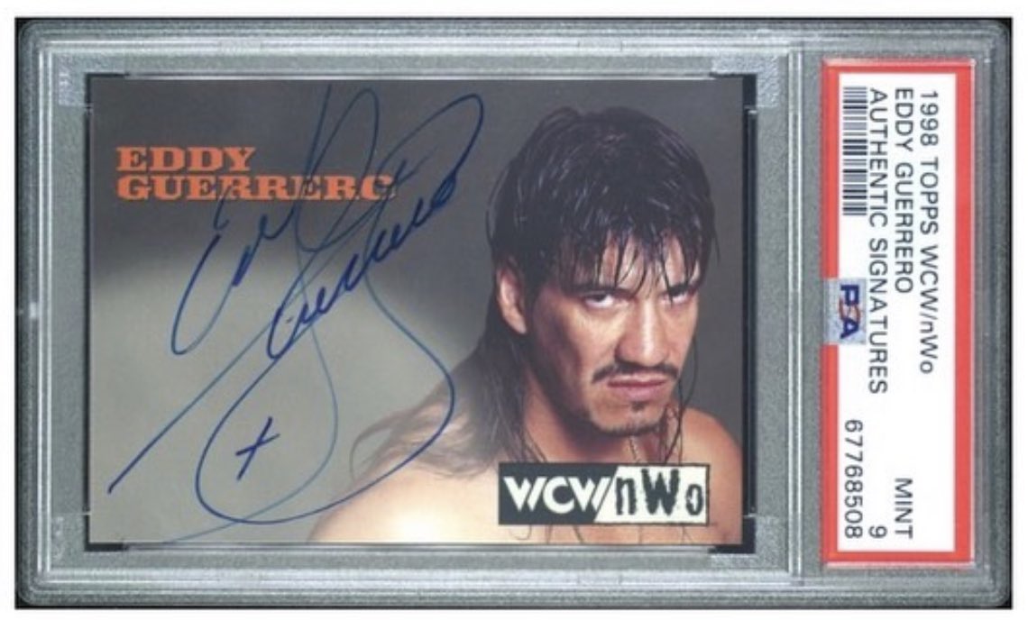 Axel_Foley13's tweet photo. 17 Years ago today one of the goats of pro wrestling passed away!! IMO this is his greatest wrestling card with a fantastic underrated signature. #latinoheat #guerrero #rip #wcwautographs #goatset #legend #thehobby #wwe #eddie https://t.co/0inSr8bkuP
