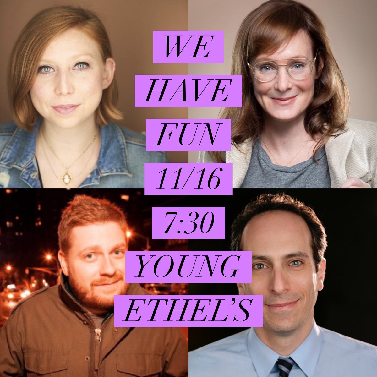This Wednesday, 11/16... comedians from The Tonight Show, Comedy Central, NPR's Wait, Wait! A star-studded lineup. Our last show before Thanksgiving. Come out!

<a href="/Stewartandchill/">Stewart&Chill</a> 
<a href="/jess_salomon/">Jess Salomon</a> 
<a href="/petergrosz/">Peter Grosz</a> 
<a href="/NoWayneInHell/">Matt Wayne</a> 

eventbrite.com/e/we-have-fun-… #free #comedy #NYC