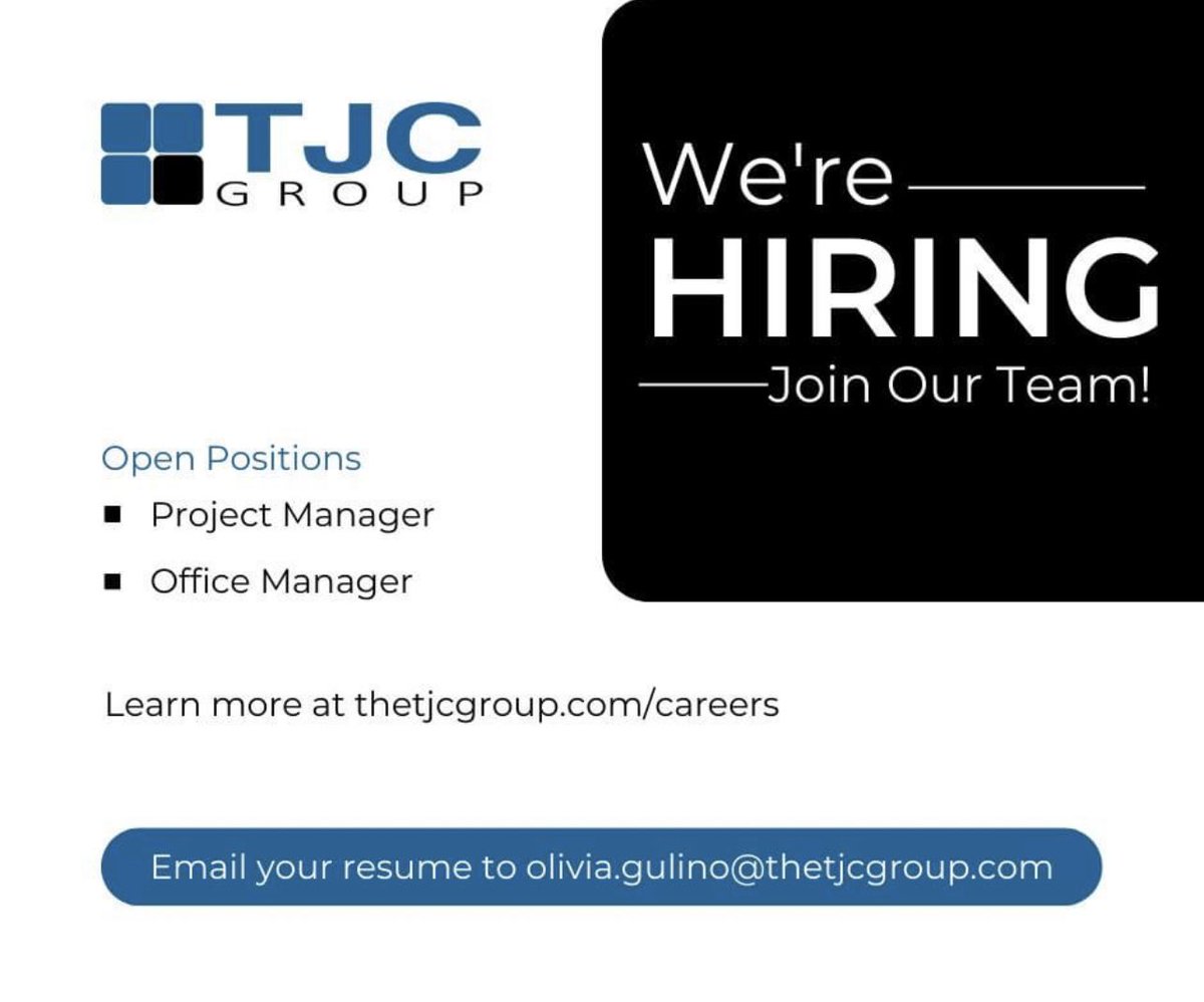 TimHJohnson2's tweet image. The TJC Group is searching for two individuals to join our growing team

1) Project Manager
     -Public and Gov. Affairs
2) Office Manager/Administrative 

Important work, fun environment, opportunity for advancement

Resume: olivia.gulino@thetjcgroup.com thetjcgroup.com/careers