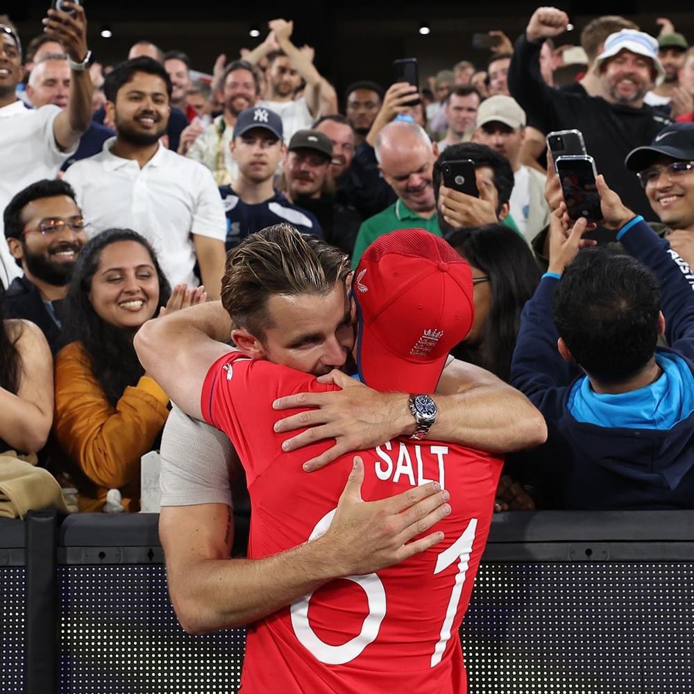 cricketinjersey's tweet photo. Jersey Cricket’s @Jonty_Jenner135 celebrating a momentous win with @PhilSalt1. Winning tastes all the sweeter with friends and cricket family. #T20WorldCupFinal #T20WorldCup https://t.co/ben8eo0nUr