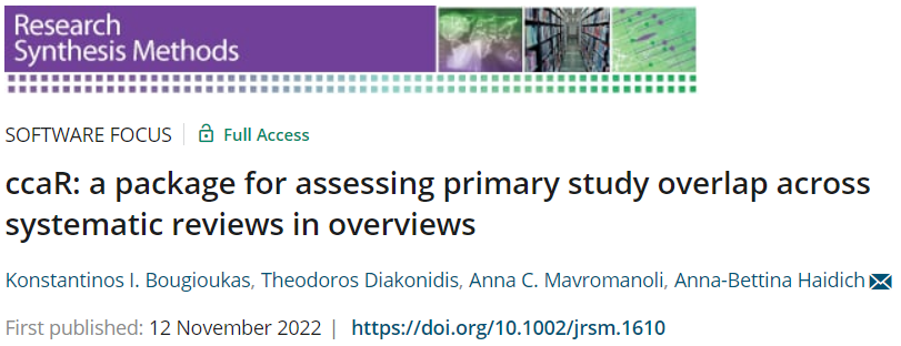 FRESHLY PUBLISHED: We present the free, open-source R package called ccaR that provides easyto-use functions for assessing the degree of overlap of primary studies in an overview of reviews
doi.org/10.1002/jrsm.1…