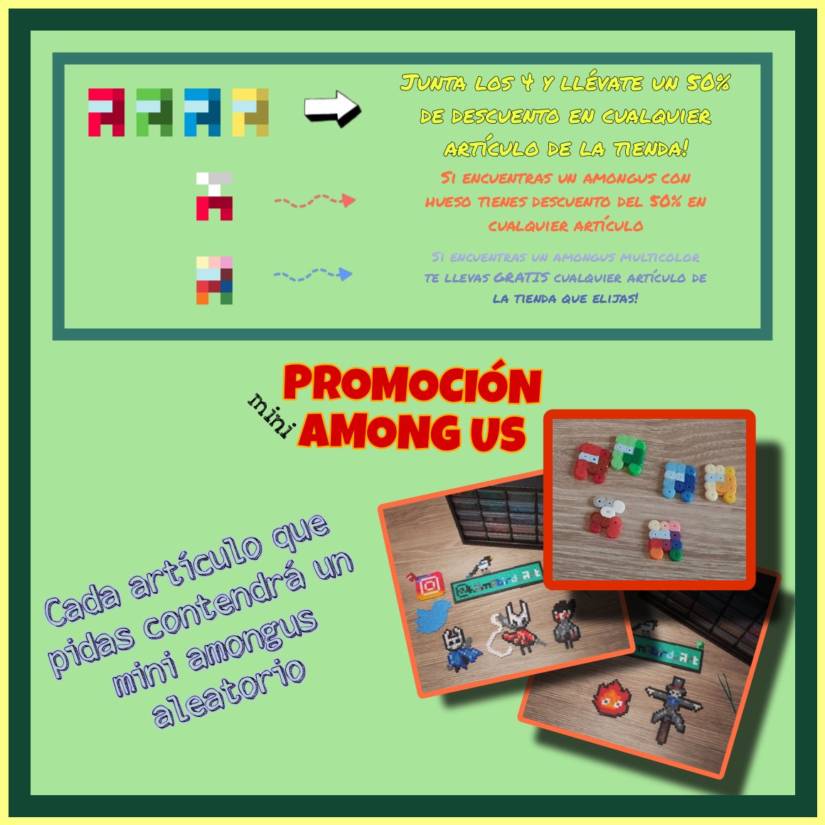 hamabird_art's tweet photo. ✨️OFERTA DE PROMOCIÓN✨️

Si encargáis cualquier producto vendrá incluído un mini amongus que podrá suponer un descuento o incluso un artículo GRATIS de la tienda!

Además, si dais RT a este tuit tenéis el 50% de descuento en el primer producto que encarguéis 💙🐦 https://t.co/1Z1ztreHyN