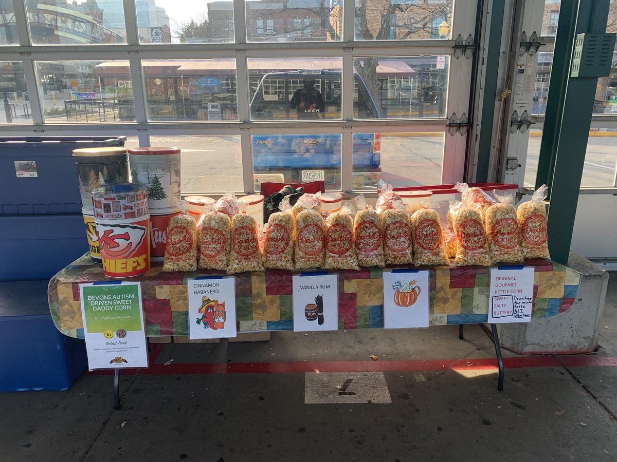 devon_kc's tweet photo. Devon’s Autism Driven Sweet Daddy Corn is selling your favorite kettle corn at stall 1, booth 7 from 9-3 today at the Kansas City River Market, staying warm with kettle corn tins.
Are you addicted yet?
Flavors: Original, Pumpkin Spice, Vanilla Rum and Cinnamon Habanero https://t.co/awOHzrjcSN