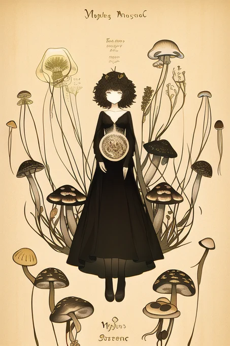 きのこ少女の博物史 "Voynich Manuscript"(ヴォイニッチ手稿)タグ、怪しい本の挿絵を作るのにピッタリ。 生成してると、本のページをめくっているようで、止まらなくなる。  呪文はALTに。 #NovelAI #NovelAIDiffusion