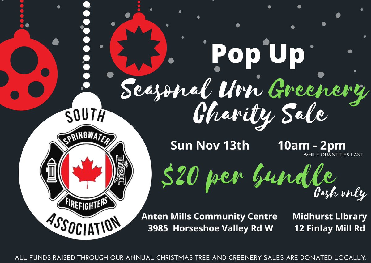 allbecs's tweet photo. It’s beginning to look a lot like Christmas!Our SSFA volunteer fire fighters association is all set up, and it is lightly snowing! 
Don’t miss this great chance to support local! 
2 locations, Anten mills Community centre and Midhurst Library!
Township of Springwater Jason Allan https://t.co/4ID0ebu6D2