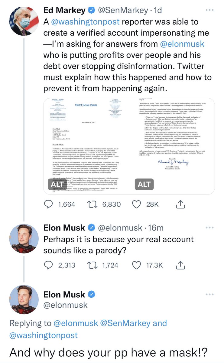 Mocking a Senator for sharing legit concerns. Elon really bought this site to own the libs and is gonna shitpost through his failures like a 14-year-old in his moms basement