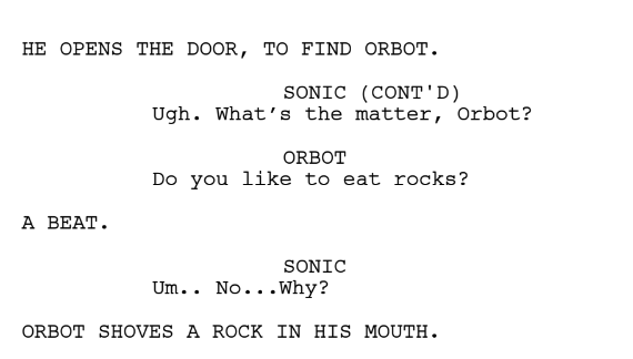 AlanTheWriter's tweet photo. I got a Sonic Boom fan script emailed to me from a 10-year-old. I gotta say, I love his chaotic energy. It's actually legit really funny? I now firmly believe that every writers room should a 10-year-old on staff.

(And yes, I got his mother's permission before sharing this) https://t.co/hfPfdS1pdG