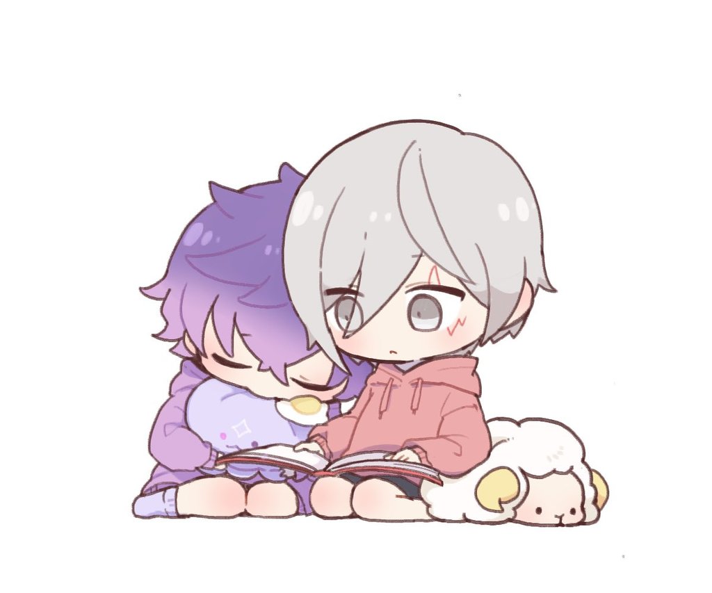 grey eyes 2boys multiple boys hoodie hood book sleeping  illustration images