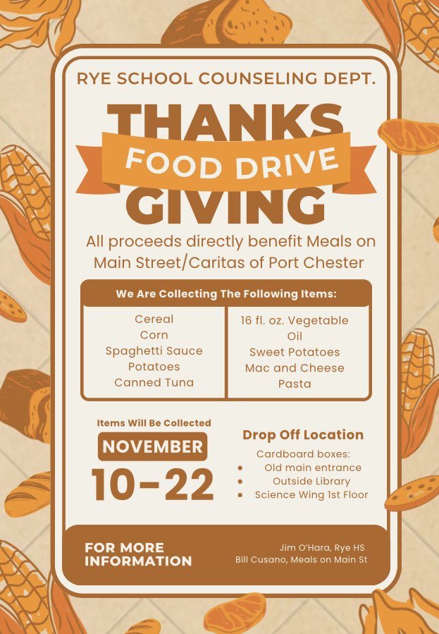 RyeCounselor's tweet photo. Our annual Food Drive has begun! Please support and share. Let’s all remember those in need this Thanksgiving. @RyeCitySchools @SuzanneShortRye @EricByrneRCSD @RyeAthletics https://t.co/9eVUf5ZIMD