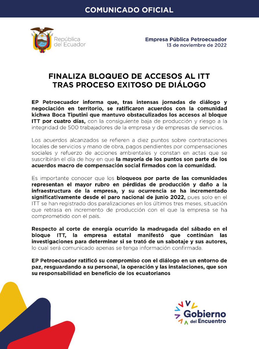 EPPetroecuador's tweet photo. 📌 Comunicado Oficial| Finaliza bloqueo de accesos en ITT tras proceso exitoso de diálogo. La mayoría de puntos son parte de acuerdos macro de compensación social firmados con la comunidad. https://t.co/Iy0JOSRqFx