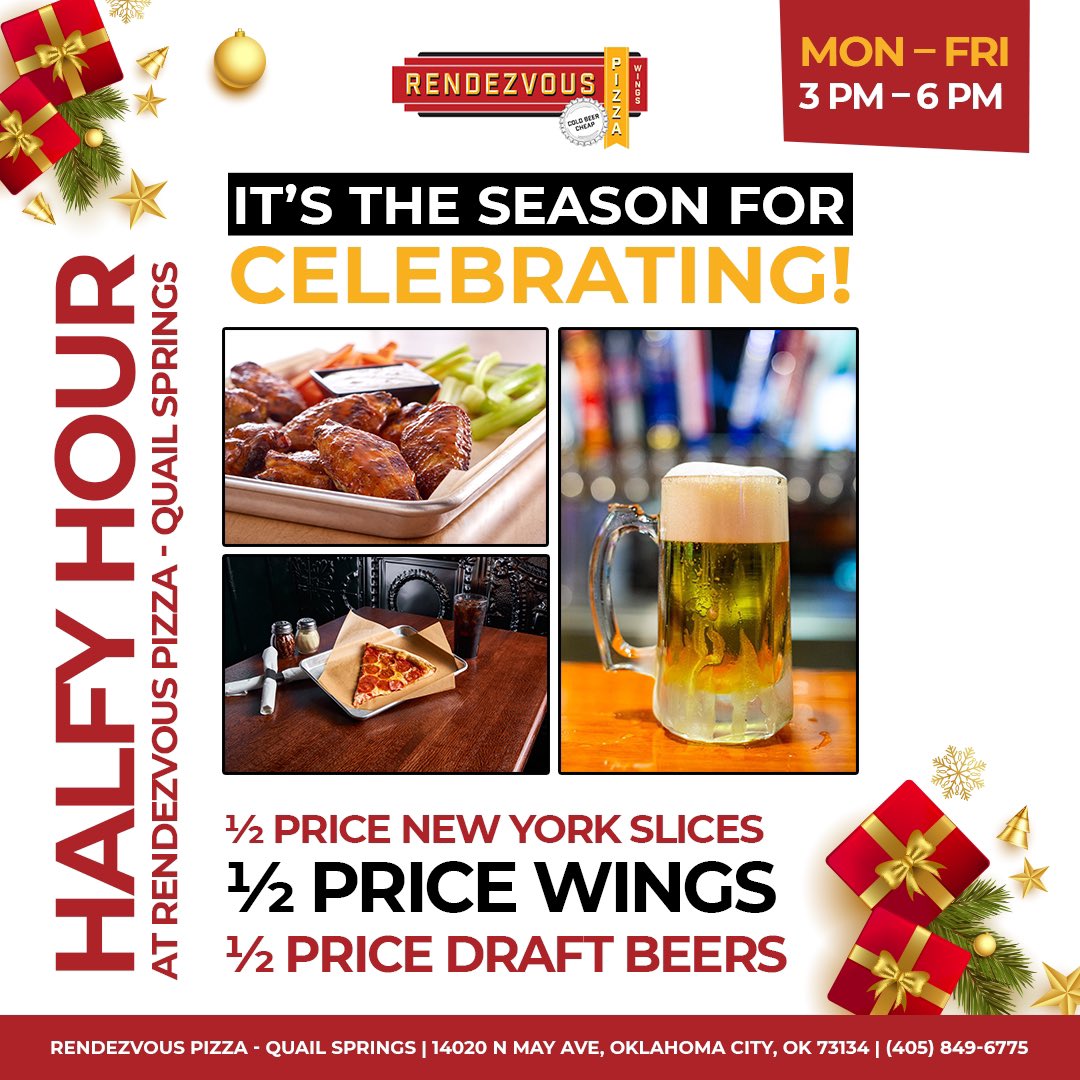 PizzaRendezvous's tweet photo. The holidays are comin’ in hot and so are we with our halfy hour 😎🦃🎄
📅Monday – Friday
🕒3 – 6 pm
🍕½ price New York slices
🍗½ price wings
🍻½ price draft beers
📍 14020 N May Ave, Oklahoma City, OK 73134 - Quail Springs.
#OKCFoodies #OKCFood #HappyHourOKC https://t.co/xZQyaZ7hes