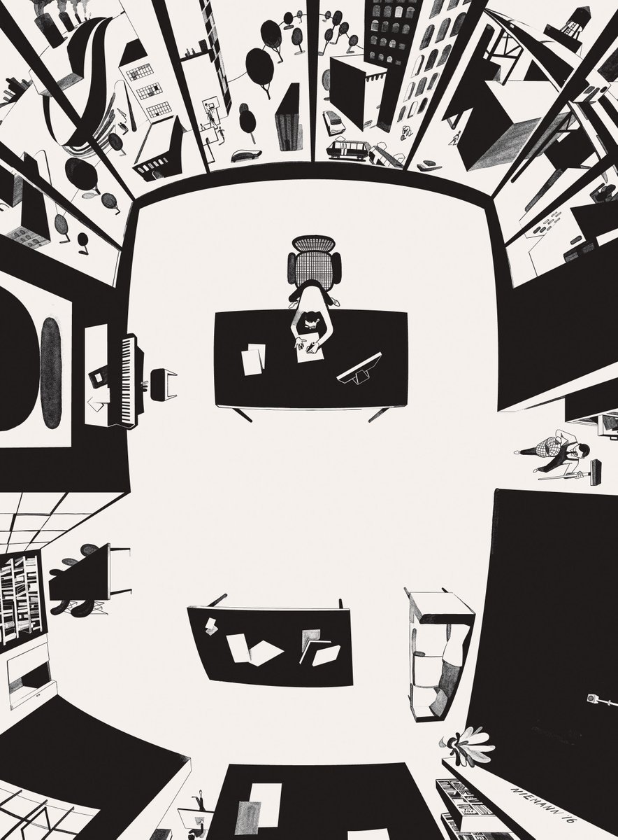 My idea of an ideal workspace: views of ships, trains, skyscrapers. A sofa + Ellsworth Kelly painting above a piano. Direct access to an art supply store. Most importantly: newly invented wireless electricity. Hence not a single cable in the whole place!
christophniemann.com/detail/il_sele…