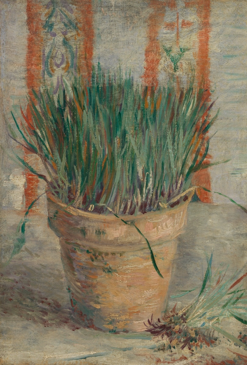 A pot plant like this is something you expect to see on a windowsill, not in a Van Gogh painting. And yet he still decided to paint it! The work was a colour study. Vincent wanted the colours to intensify each other. 🌻 Vincent van Gogh, Flowerpot with Garlic Chives (1887)