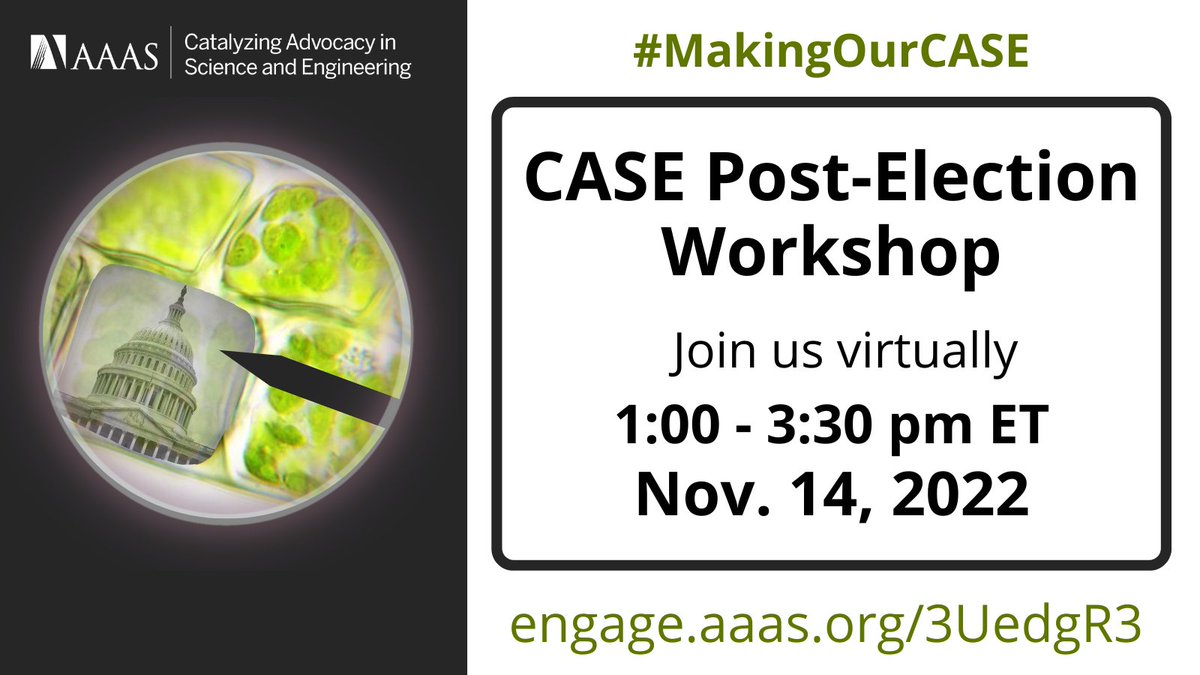 AGU Science Policy (@aguscipolicy) on Twitter photo Join <a href="/AAAS_GR/">AAAS Gov't Relations</a>Â for a Post-Election #MakingOurCASE Workshop on Monday, Nov. 14 at 1-3:30pm ET. The workshop will be virtual & free for all undergrads, grad students, & postdocs to attend. Register here: engage.aaas.org/3UedgR3 Join <a href="/AAAS_GR/">AAAS Gov't Relations</a>Â for a Post-Election #MakingOurCASE Workshop on Monday, Nov. 14 at 1-3:30pm ET. The workshop will be virtual & free for all undergrads, grad students, & postdocs to attend. Register here: engage.aaas.org/3UedgR3