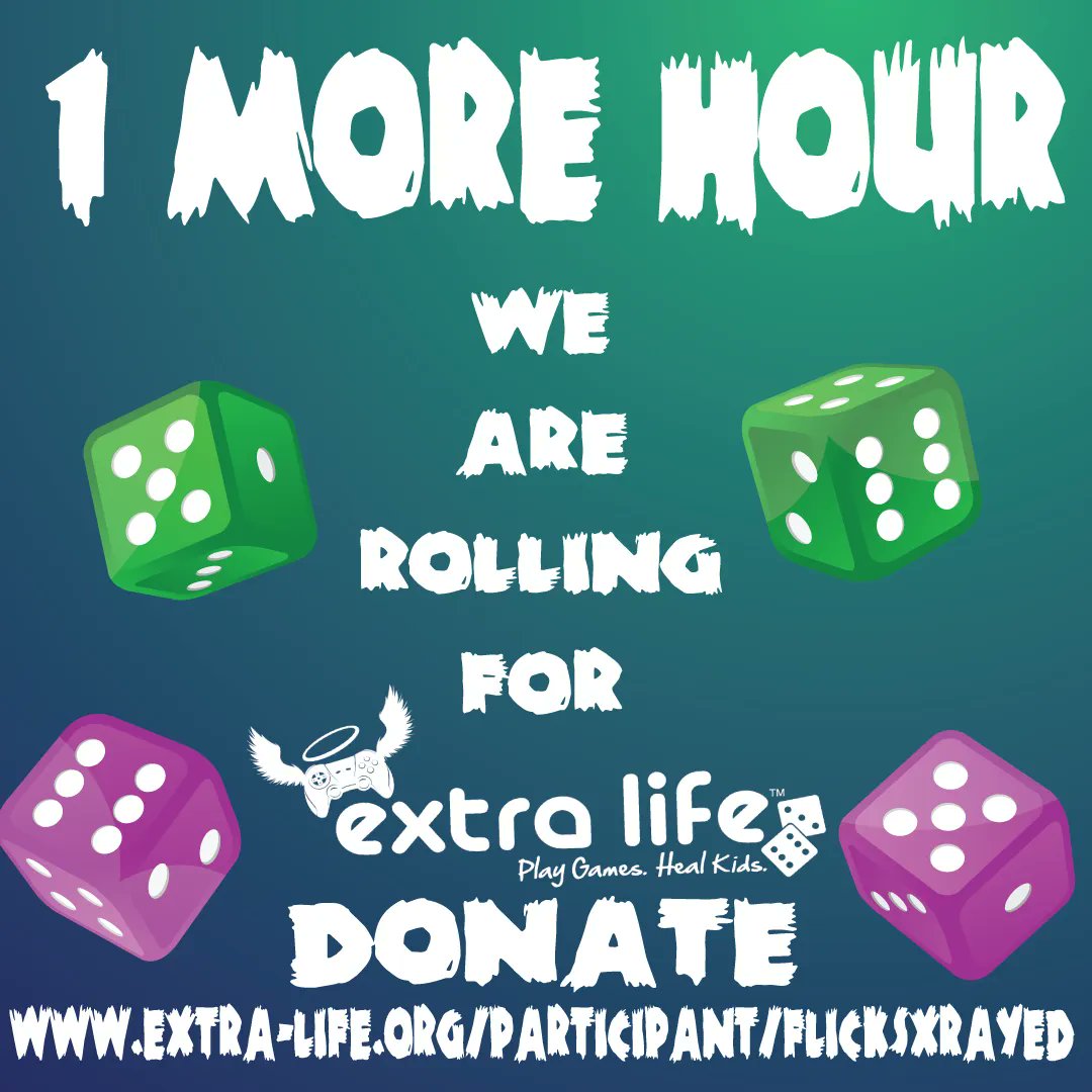 We are in the final hour of our 24 hour extra life charity event we have had a couple of breakdowns along the way but the end is in sight join us for the final go.
Watch us on Twitch twitch.tv/flicks_xrayed  
Donate Here: extra-life.org/index.cfm?fuse…