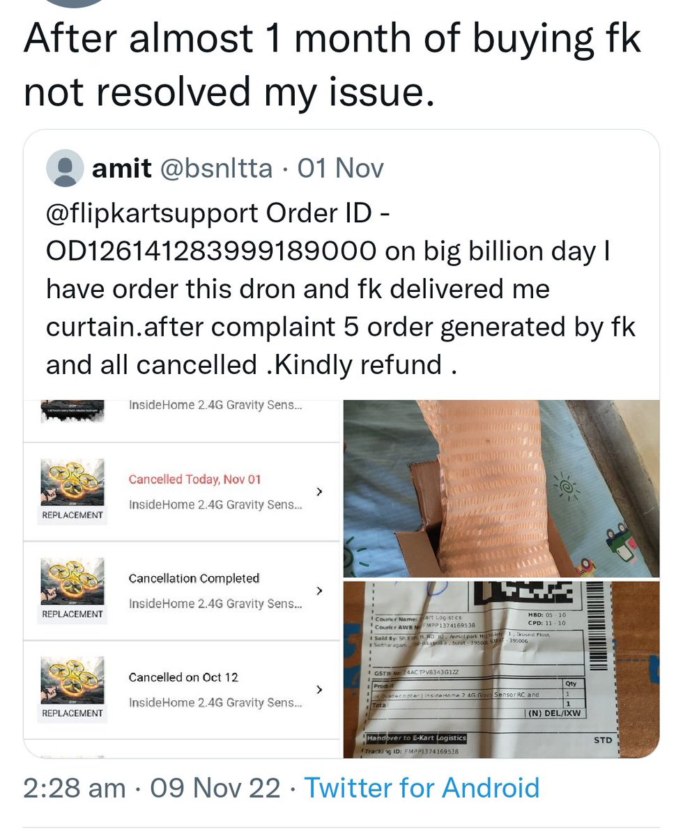 bsnltta's tweet photo. @Flipkart I am waiting since more than a month for solution , I want refund back against wrong product delivered.i have called several time to fk executive on call, all time they said problem will be solved soon but yet not solved. https://t.co/C2Ozgm1rNX
