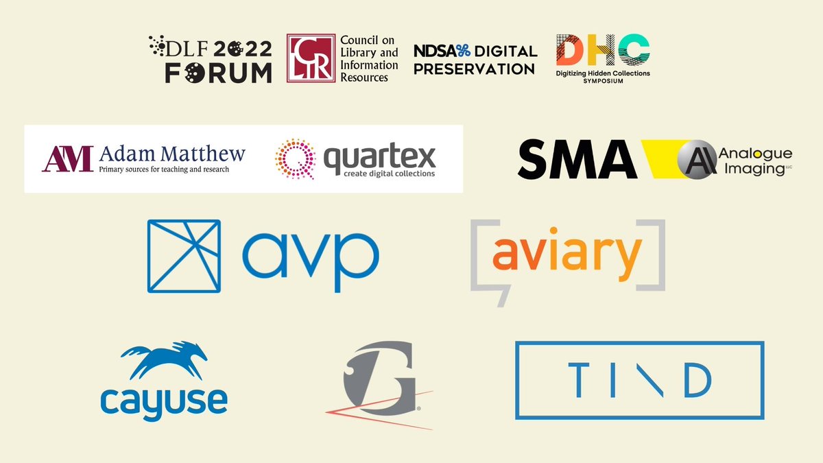 CLIRDLF's tweet photo. We can't believe it's been a month since the 2022 #DLFforum, #DigiPres22 and #digHC Symposium ended! We can't thank our Gold Level sponsors enough for supporting this year's fabulous events! Thank you @QuartexNews, Analogue Imaging, @WeAreAVP @CayuseLLC @georgeblood_lp & @tind_io https://t.co/4F0Rg43kf6
