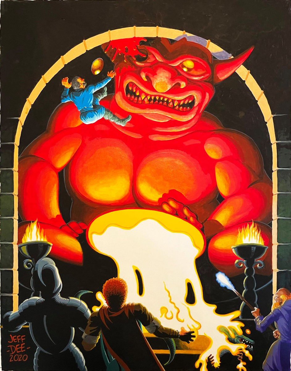 YoDanno's tweet photo. Left - Player’s Handbook original cover art by David A Trampier

Right - “One Minute Later” tribute by fellow #DnD artist Jeff Dee

What a pair. https://t.co/jIomchJ4KZ