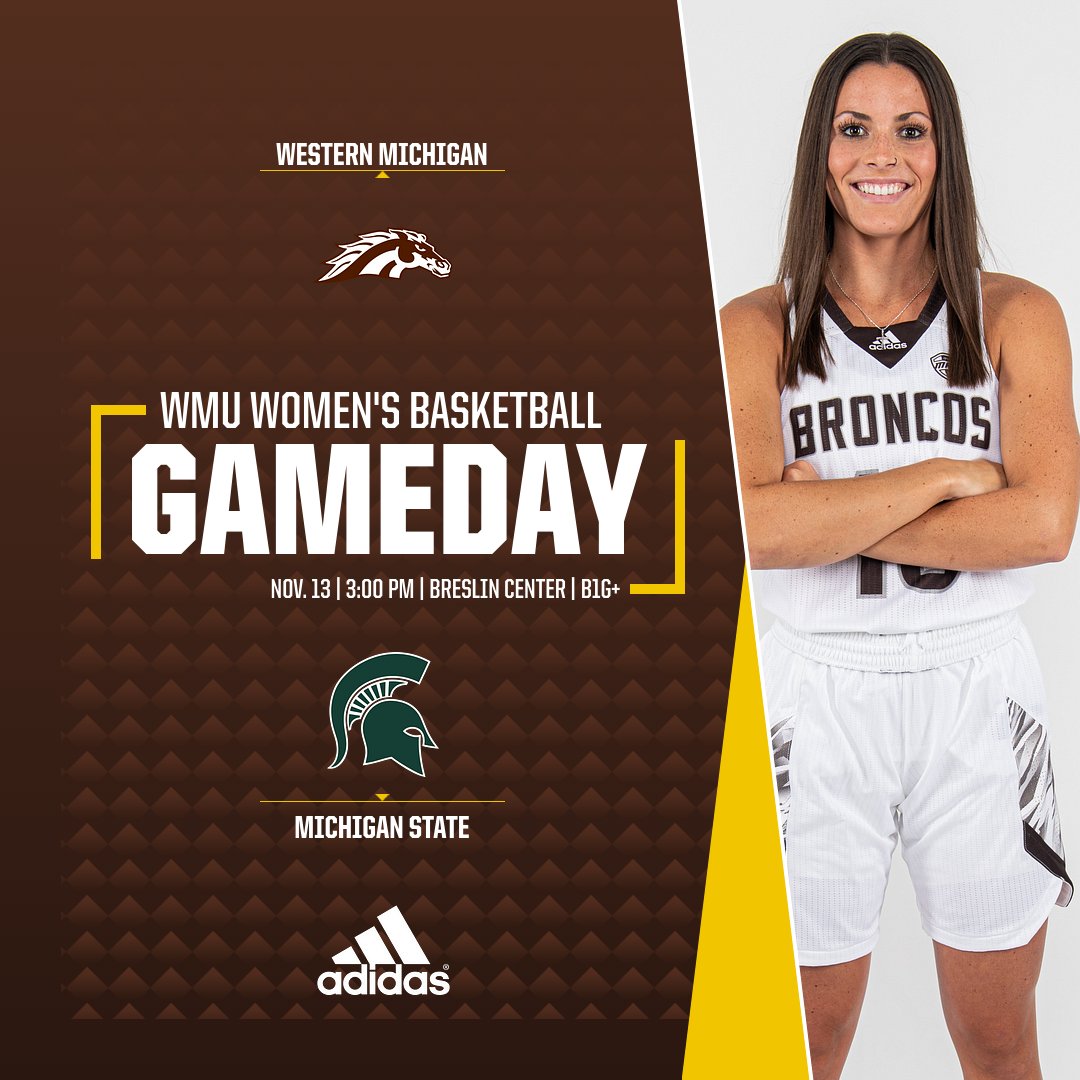 WMU_WBB's tweet photo. It's GAME DAY!! The Broncos are on the road today for an in-state matchup against the Spartans of Michigan State University!

🆚 Michigan State 
⏰ 3 pm
📍 Breslin Center
📺 https://t.co/ZM4rBXUYGo 
📊 https://t.co/zbxs7BSYPZ 
📻 https://t.co/KuWDJ42HDT 

#BroncosReign https://t.co/k4inWBUbN2