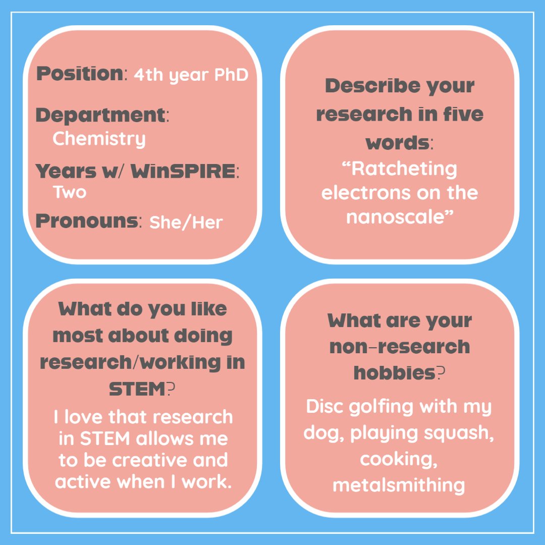 UNC WinSPIRE (@winspireu) on Twitter photo @UNCResearch <a href="/UNC_WINS/">UNC Women in Science</a> <a href="/CahoonLabUNC/">Cahoon Lab</a> <a href="/uncchemistry/">UNC-Chapel Hill Chemistry</a> <a href="/UNC_GradSchool/">UNC Graduate School</a> This is Kelly's second year on the organizational team and second year on the research mentor team!
In her free time, she loves disc golfing with her dog, playing squash, cooking, and metalsmithing. @UNCResearch <a href="/UNC_WINS/">UNC Women in Science</a> <a href="/CahoonLabUNC/">Cahoon Lab</a> <a href="/uncchemistry/">UNC-Chapel Hill Chemistry</a> <a href="/UNC_GradSchool/">UNC Graduate School</a> This is Kelly's second year on the organizational team and second year on the research mentor team!
In her free time, she loves disc golfing with her dog, playing squash, cooking, and metalsmithing.