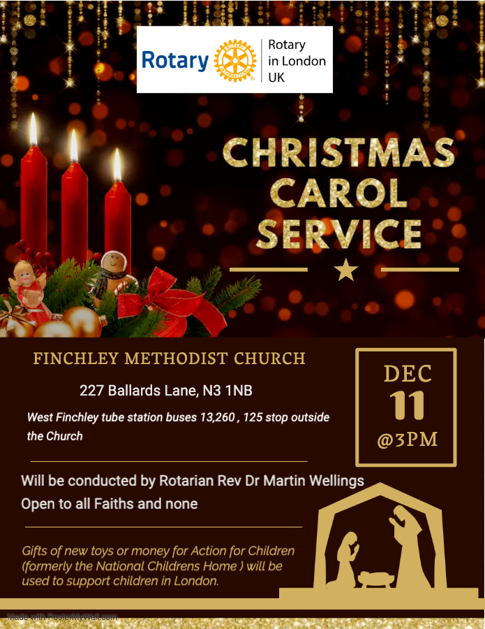 Rotary in London Christimas Carol Service will hold on 11th Dec 2022 starts 3pm. It will take place at Finchley Methodist Church. 👏Service will be conducted by Rotarian Rev Dr. Martin Wellings 🥳 Open to all Faiths and none 🚂 Gifts of new toys or money for Action for Children