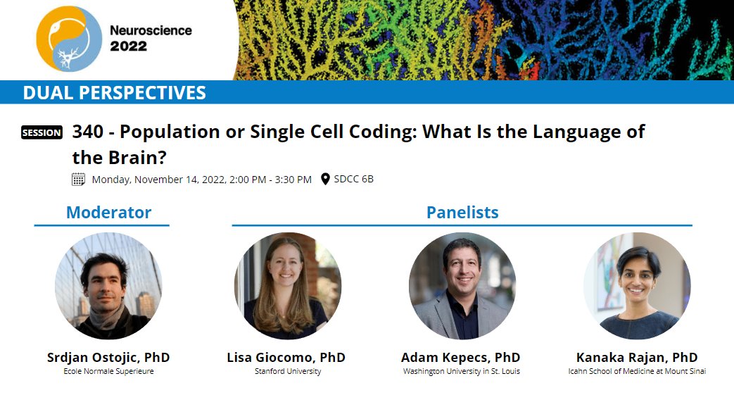 Looking forward to discussing how we can bridge different conceptual frameworks for brain function in this Dual Perspectives panel with @lisa_giocomo & Adam Kepecs at #SfN2022. Thanks, @ostojic_srdjan for organizing and moderating. See you in San Diego! ☀️