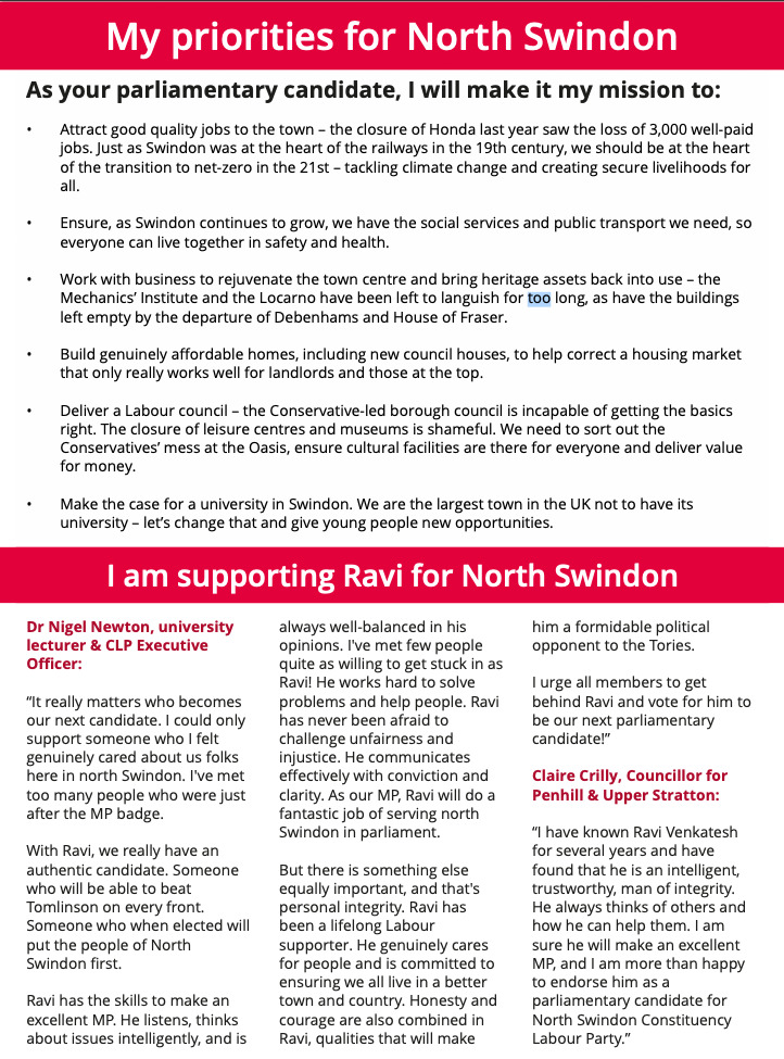 way2ravi's tweet photo. Postal vote letters landing shortly for the @swindonlabour Parliamentary selection!

Ballot will be by preferential, means that you mark candidates 
with a 1, 2 and 3 preference. To help me become your parliamentary candidate, please put me as your first(1) preference vote! https://t.co/uR32lagmXz