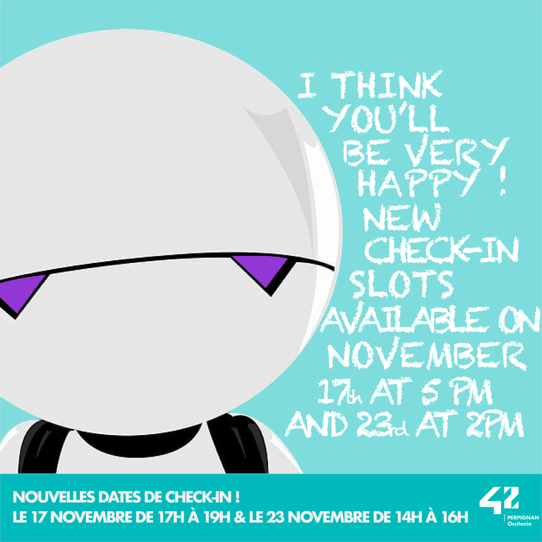 42Perpignan's tweet photo. Dernière chance de participer à la #piscine de décembre .. pour la 1ere rentrée le 1/02/2023 !
📣 🤩 Deux fois plus de #CheckInParty 🥳 📣
Nouveaux créneaux :
- 17/11 de 17h à 19h
- 23/11 de 14h à 16h
Connecte-toi sur https://t.co/tiuXkobouP
#42Network https://t.co/iHTlUK7e8M