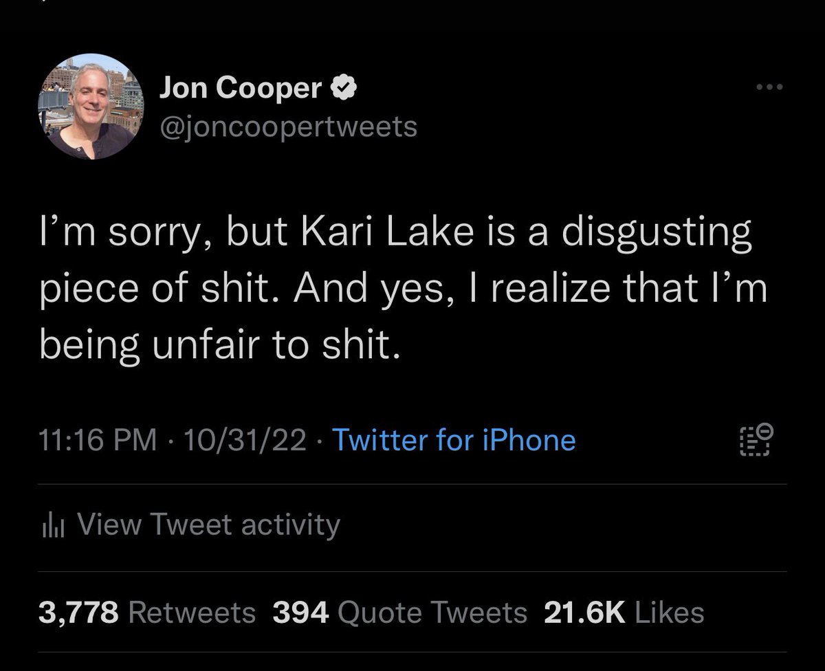 joncoopertweets's tweet photo. @KariLake Your vile mocking of the violent attack on Paul Pelosi — for which you STILL haven’t apologized — is yet another reason why you lost. You are indeed disgusting. https://t.co/5745ZTekJH