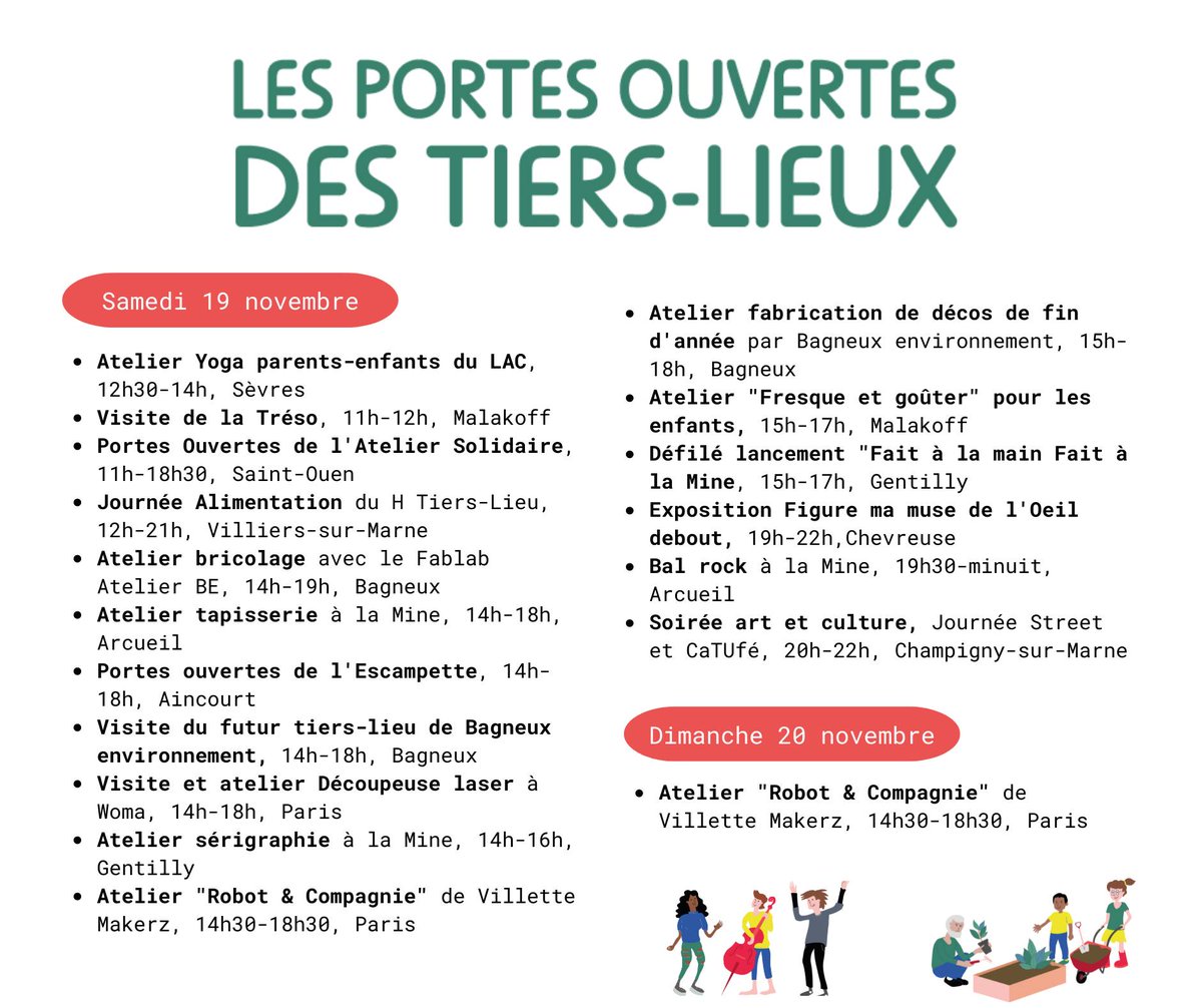 Le lancement des Portes Ouvertes des #TiersLieux franciliens, c'est demain !

Voici en images la suite et fin de la programmation, soit 21 nouveaux événements qui se dérouleront les 19 et 20 novembre !

Détail de la programmation : lnkd.in/e7dHwEu9