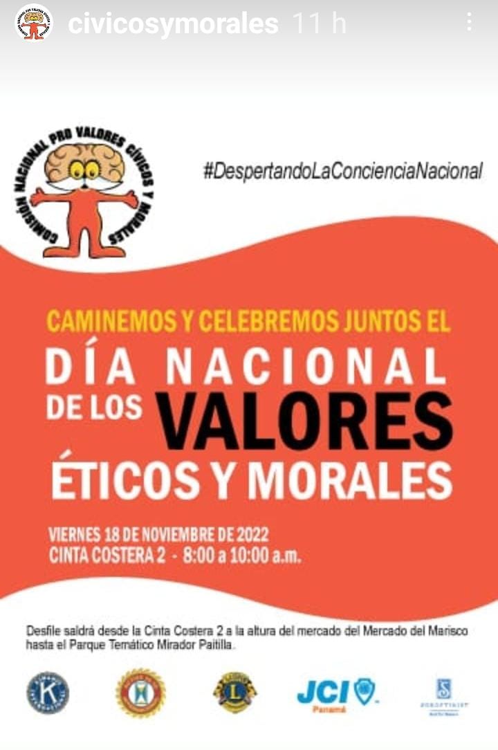 Acompáñanos este 18 de noviembre a nuestra caminata, celebrando el día de los Valores Éticos y Morales, saliendo a las 8:00 a.m. desde la Cinta Costera 2 a la altura del Mercado del Marisco y finalizando en el Parque Temático Mirador Paitilla a las 10:00 a.m. aproximadamente.